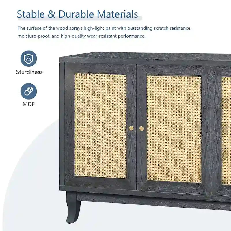 Handcrafted Premium Grain Panels,Rattan Sideboard Buffer Cabinet With 4 Rattan Doors, Modern Storage Cupboard Console Table