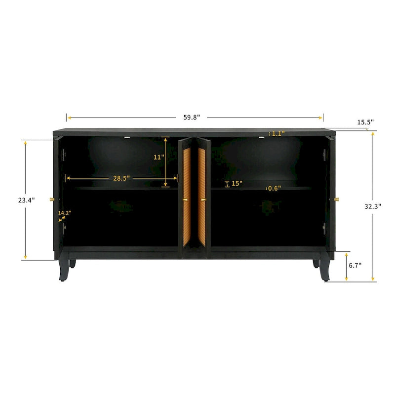 Handcrafted Premium Grain Panels,Rattan Sideboard Buffer Cabinet With 4 Rattan Doors, Modern Storage Cupboard Console Table