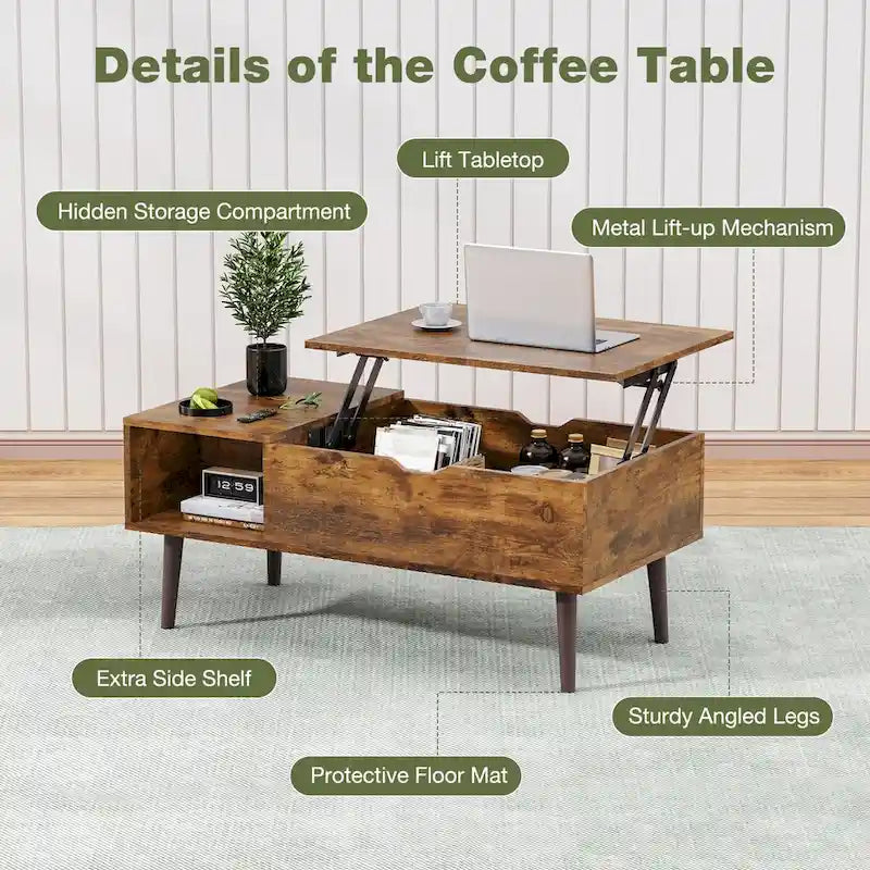 Lift Top Coffee Storage Wood Tables with Hidden Compartment Small Dining Desk for Home Living Room Office