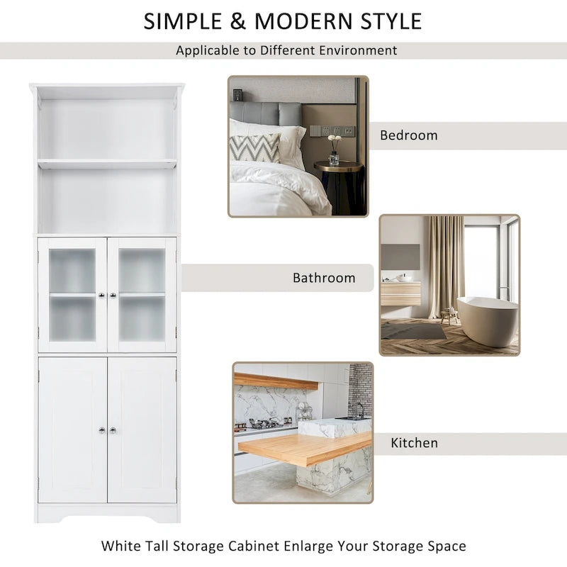 White Tall Storage Cabinet with Shelves and Doors for Bathroom, Kitchen and Living Room, MDF Board