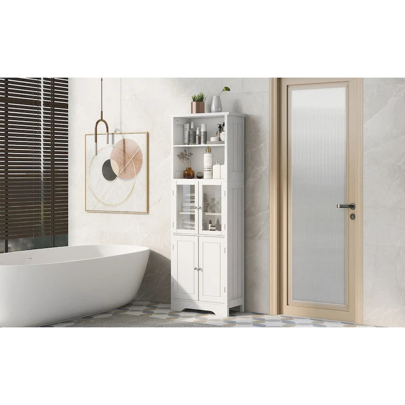 White Tall Storage Cabinet with Shelves and Doors for Bathroom, Kitchen and Living Room, MDF Board