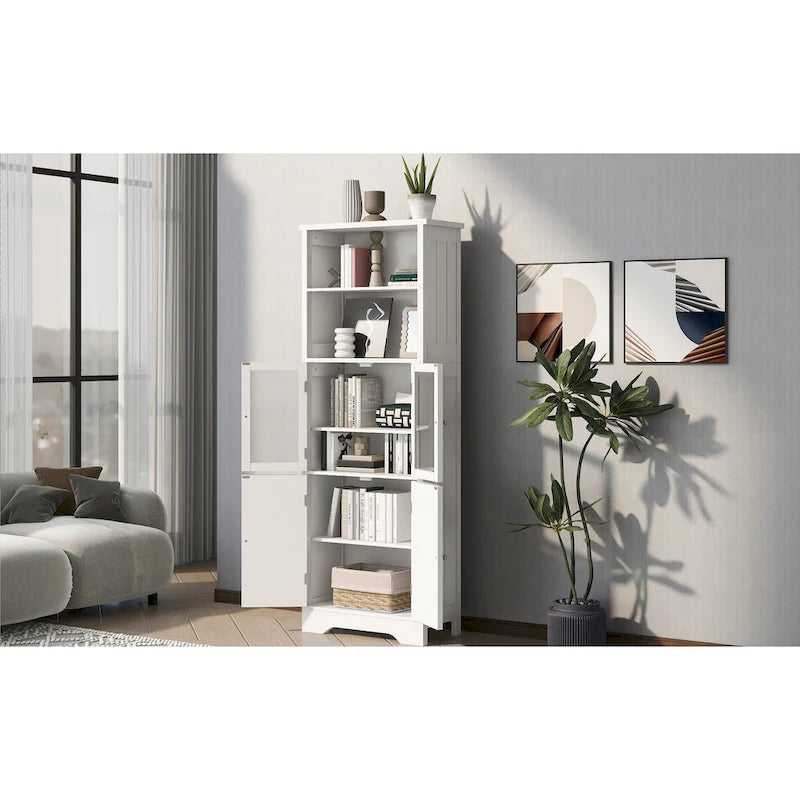 White Tall Storage Cabinet with Shelves and Doors for Bathroom, Kitchen and Living Room, MDF Board