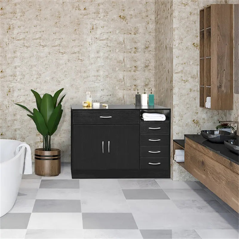 Double Doors and Five Drawers Bathroom Cabinet Black