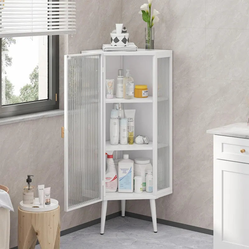 22.25 Floor Corner Cabinet, Three Tiers with Tempered Glass Doors and Storage Shelves for Bathroom, Living Room and Bedroom