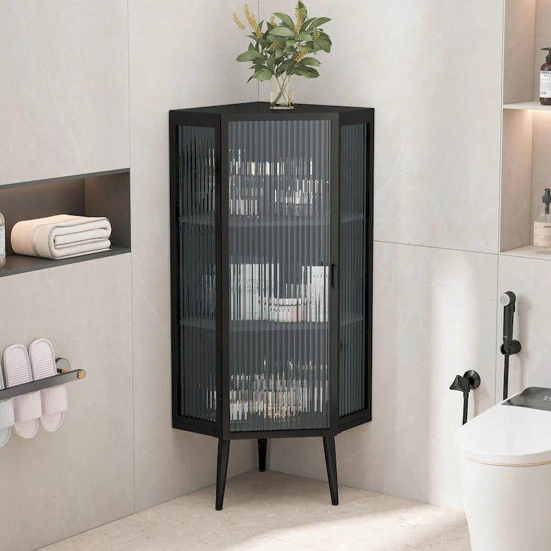 22.25 Floor Coner Cabinet,Three Tiers with Tempered Glass Doors and Storage Shelves for Bathroom, Living Room and Bedroom