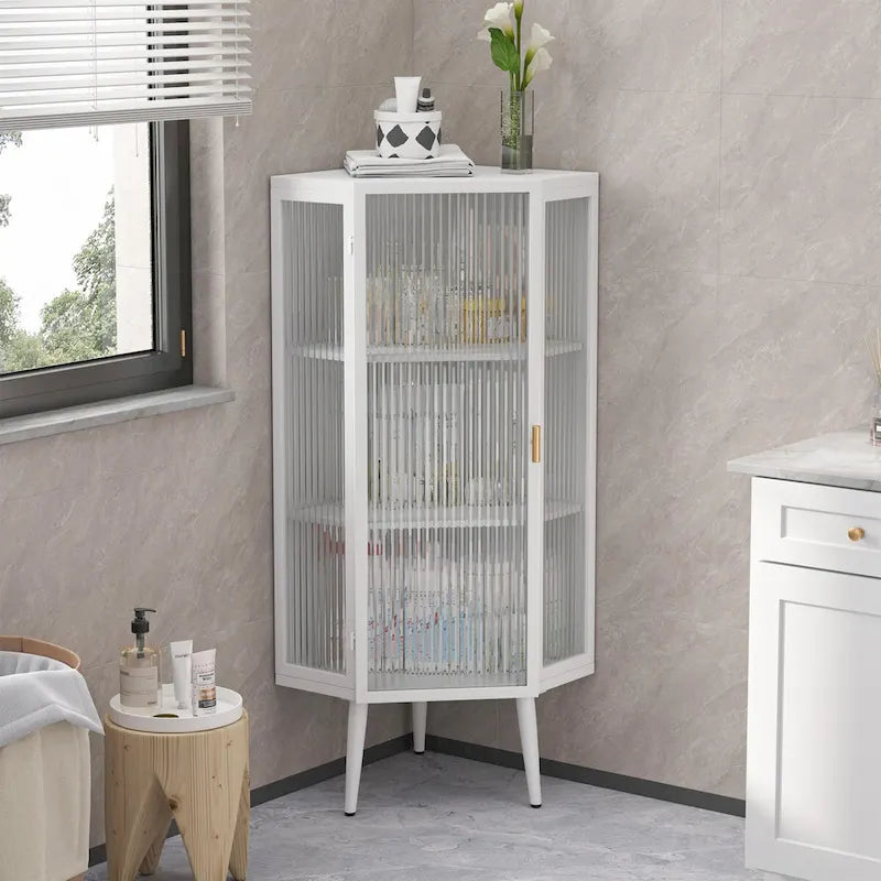 22.25 Floor Corner Cabinet, Three Tiers with Tempered Glass Doors and Storage Shelves for Bathroom, Living Room and Bedroom