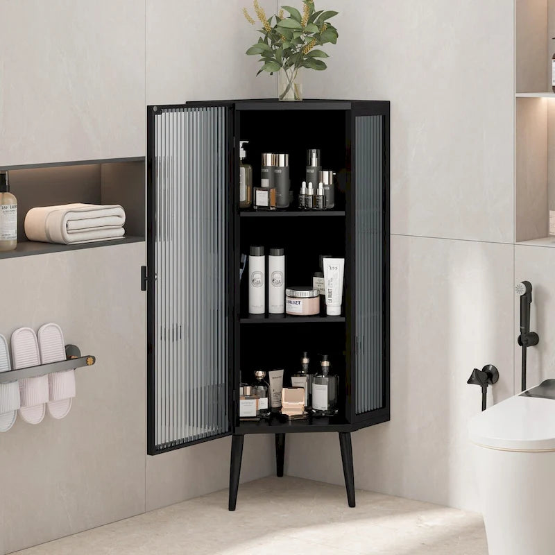 22.25 Floor Corner Cabinet, Three Tiers with Tempered Glass Doors and Storage Shelves for Bathroom, Living Room and Bedroom