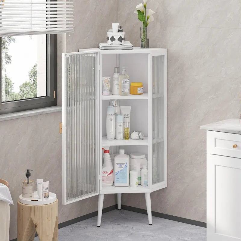 22.25 Floor Corner Cabinet, Three Tiers with Tempered Glass Doors and Storage Shelves for Bathroom, Living Room and Bedroom