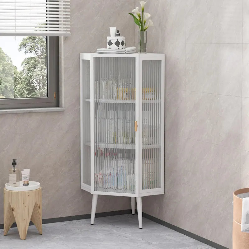 22.25 Floor Corner Cabinet, Three Tiers with Tempered Glass Doors and Storage Shelves for Bathroom, Living Room and Bedroom