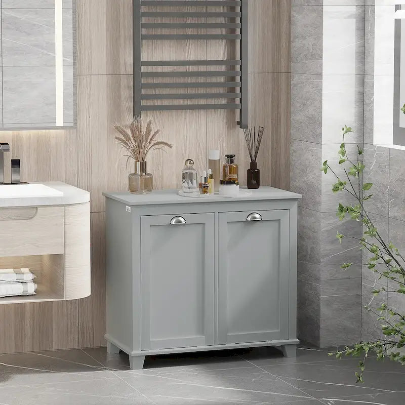 Bathroom Storage Organizer with Two-Compartment Tilt-Out Hamper