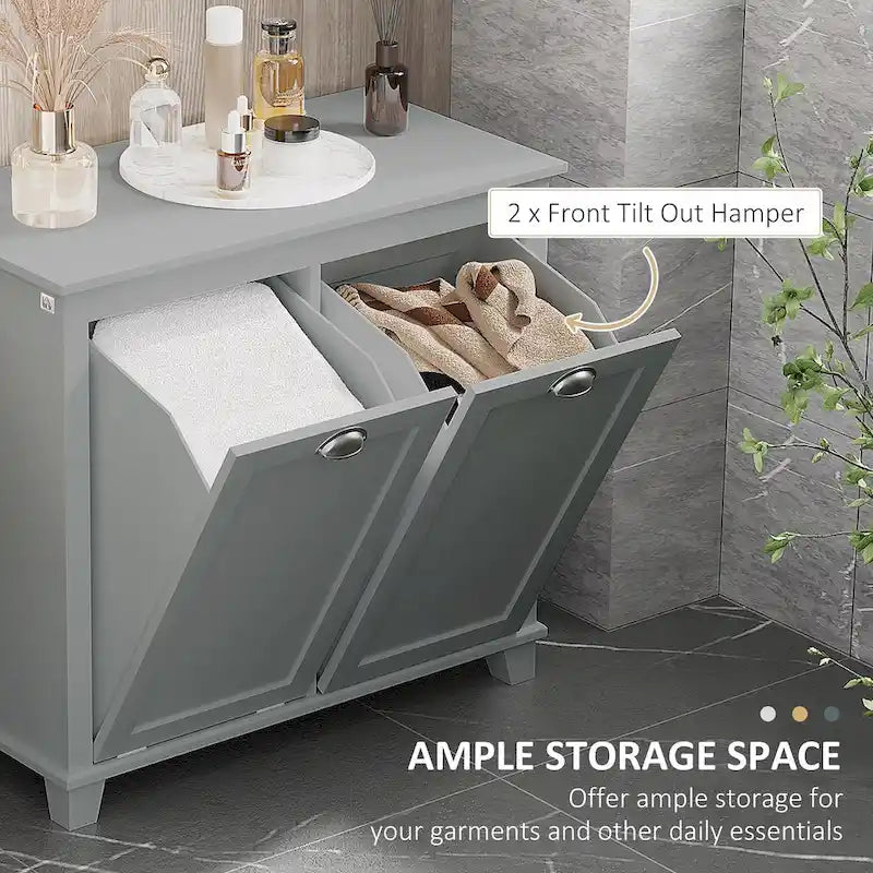 Bathroom Storage Organizer with Two-Compartment Tilt-Out Hamper