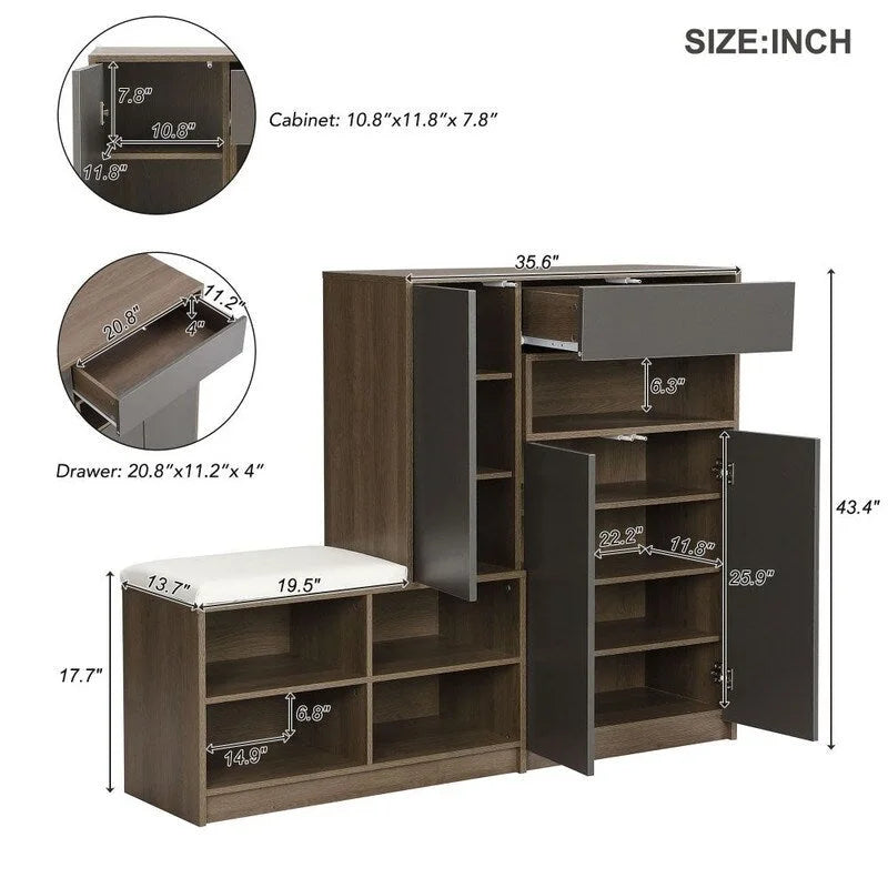 2-in-1 Multi-functional Shoe Rack with Adjustable Shelves,Shoe Storage Bench with Padded Seat