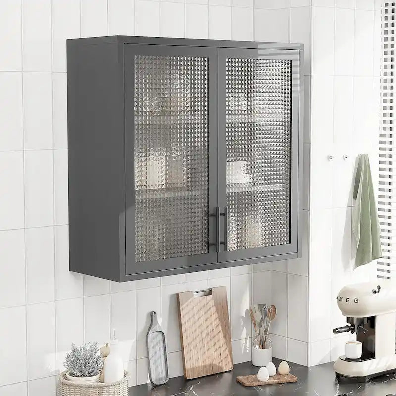 Wall Mounted Cabinet Table-Top Storage Cabinet with Hazy Glass Doors and 2 Adjustable Shelves for Living Room