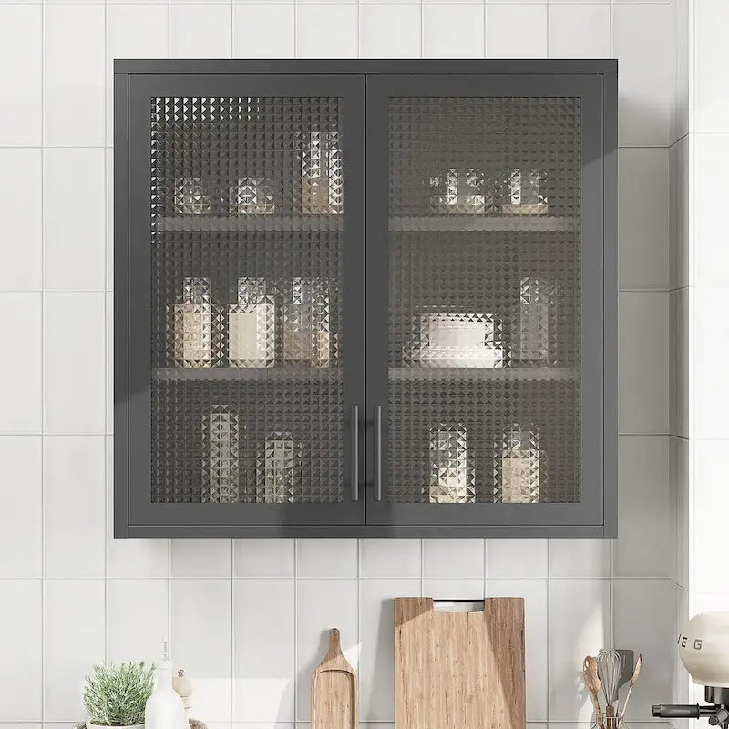 Wall Mounted Cabinet Table-Top Storage Cabinet with Hazy Glass Doors and 2 Adjustable Shelves for Living Room
