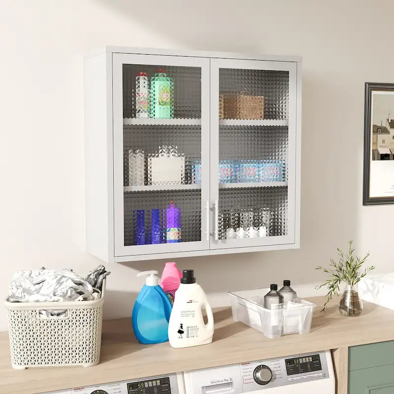 Wall Mounted Cabinet Table-Top Storage Cabinet with Hazy Glass Doors and 2 Adjustable Shelves for Living Room