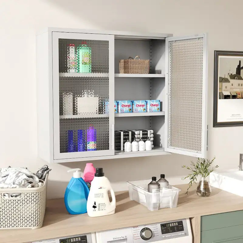 Wall Mounted Cabinet Table-Top Storage Cabinet with Hazy Glass Doors and 2 Adjustable Shelves for Living Room