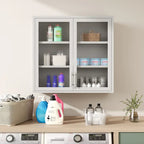 Wall Mounted Cabinet Table-Top Storage Cabinet with Hazy Glass Doors and 2 Adjustable Shelves for Living Room