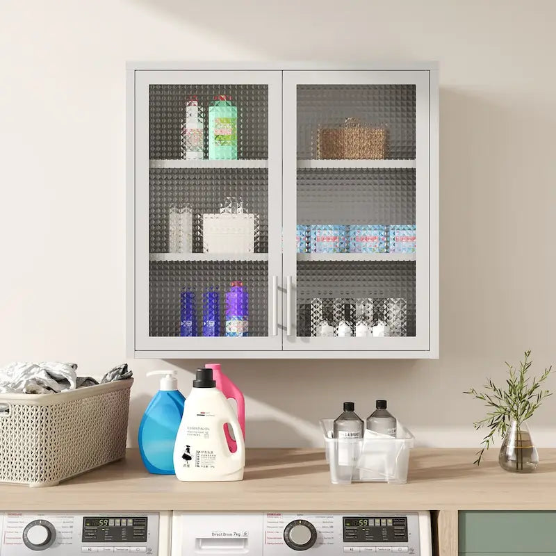 Wall Mounted Cabinet Table-Top Storage Cabinet with Hazy Glass Doors and 2 Adjustable Shelves for Living Room