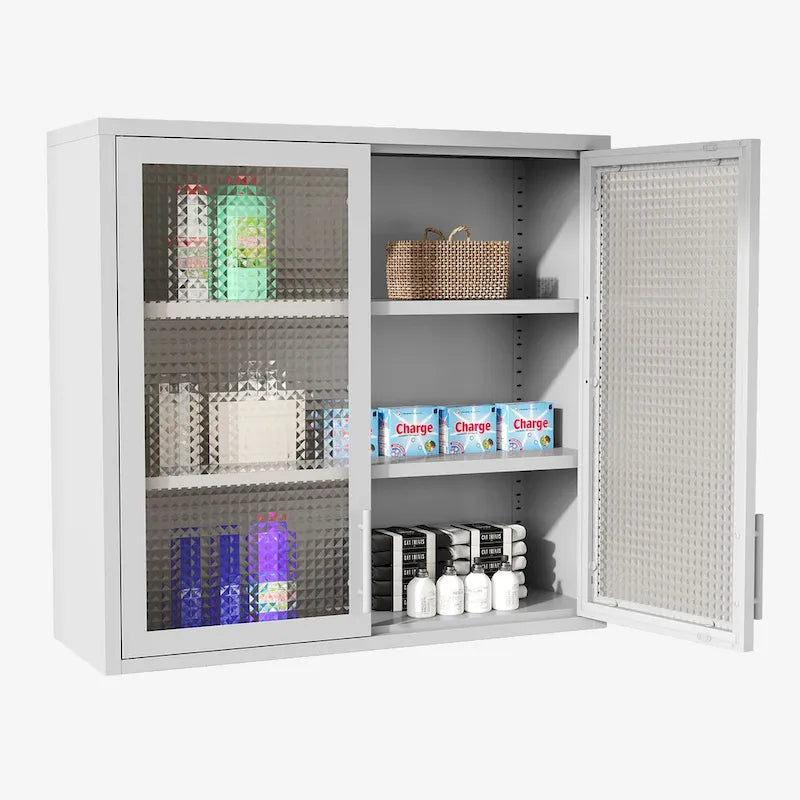 Wall Mounted Cabinet Table-Top Storage Cabinet with Hazy Glass Doors and 2 Adjustable Shelves for Living Room