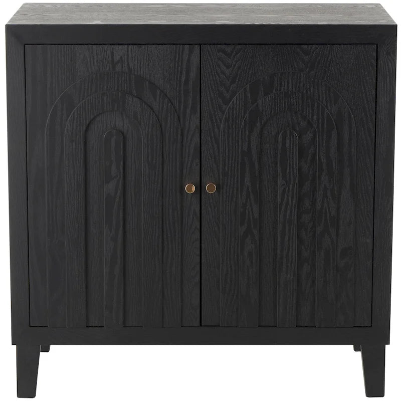 Wooden Geometric Art Deco Inspired Carved Arch 2 Door Room Cabinet with Gold Knobs - Black