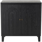 Wooden Geometric Art Deco Inspired Carved Arch 2 Door Room Cabinet with Gold Knobs - Black