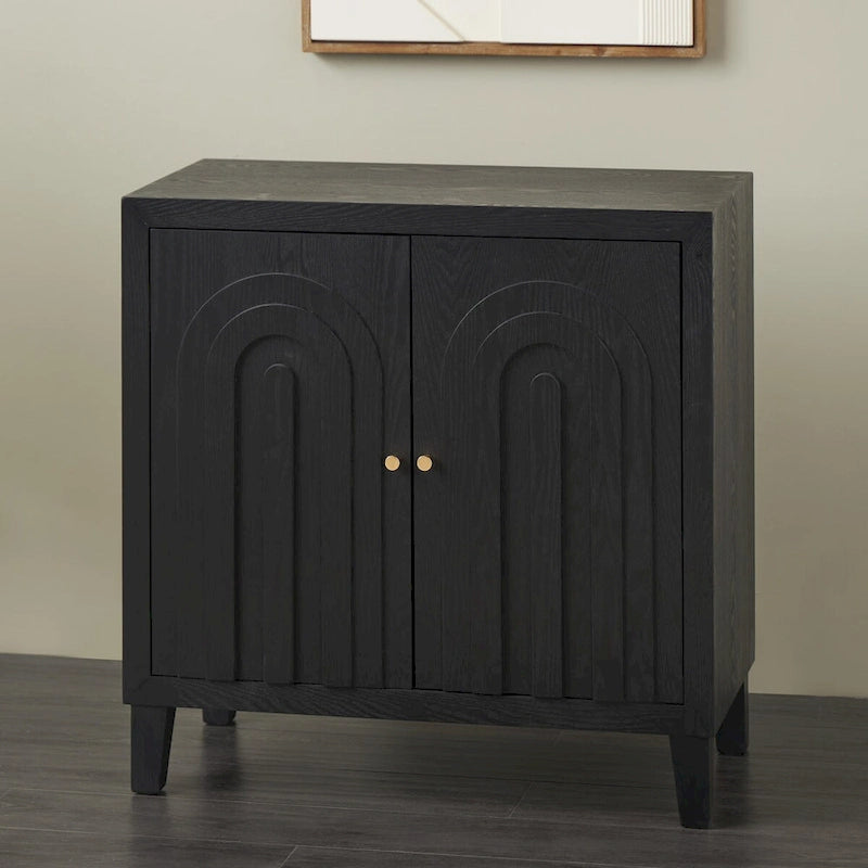 Wooden Geometric Art Deco Inspired Carved Arch 2 Door Room Cabinet with Gold Knobs - Black
