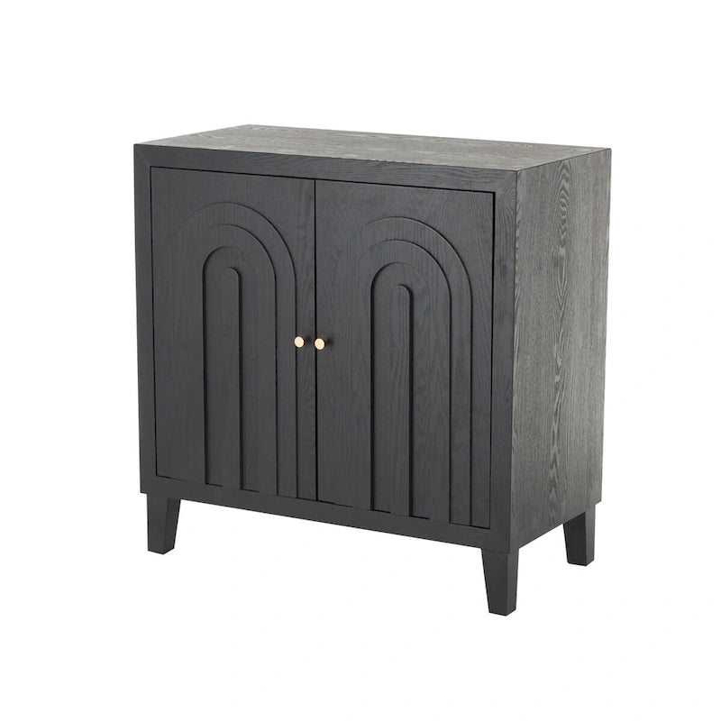 Wooden Geometric Art Deco Inspired Carved Arch 2 Door Room Cabinet with Gold Knobs - Black