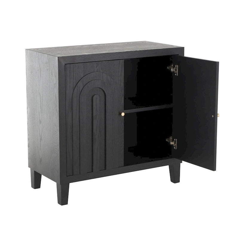 Wooden Geometric Art Deco Inspired Carved Arch 2 Door Room Cabinet with Gold Knobs - Black