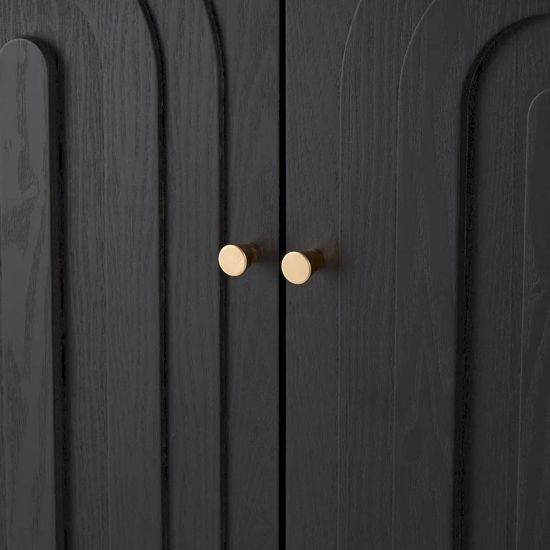 Wooden Geometric Art Deco Inspired Carved Arch 2 Door Room Cabinet with Gold Knobs - Black