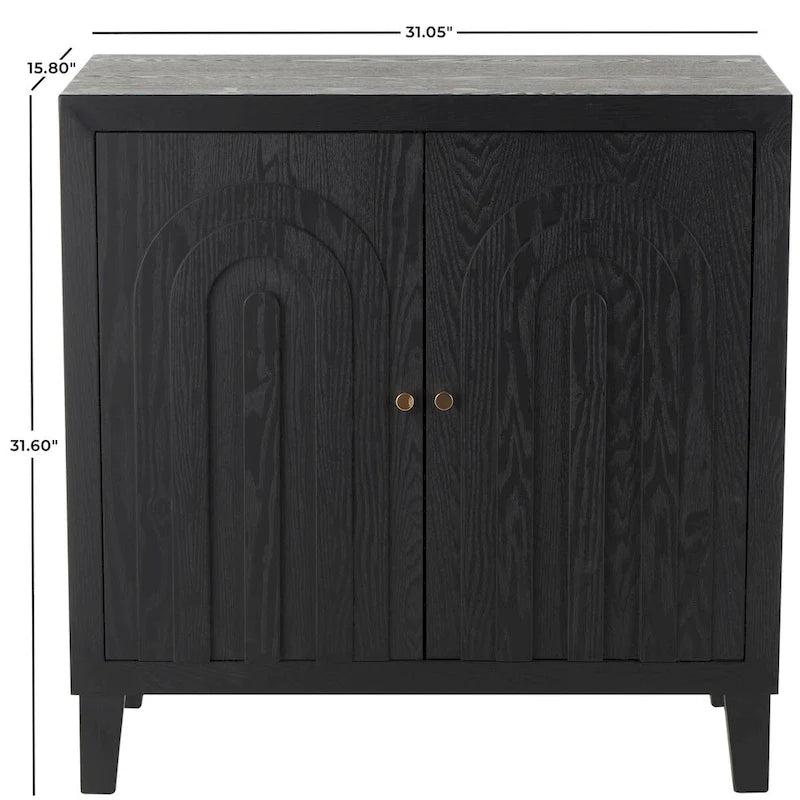 Wooden Geometric Art Deco Inspired Carved Arch 2 Door Room Cabinet with Gold Knobs - Black